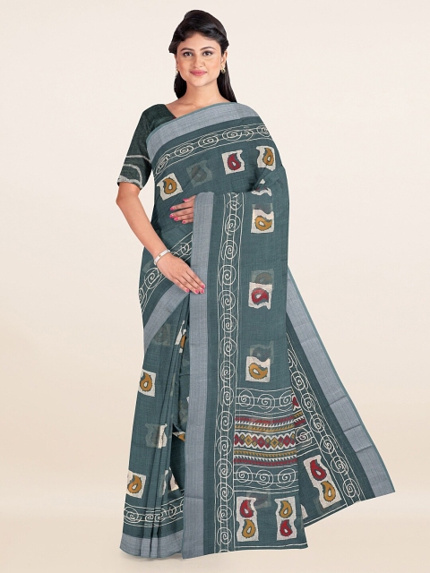 

Pothys Green & Grey Ethnic Motifs Linen Printed Blend Saree