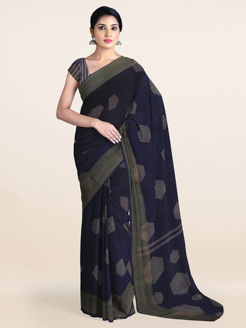 

Pothys Blue & Silver-Toned Zari Cotton Blend Saree