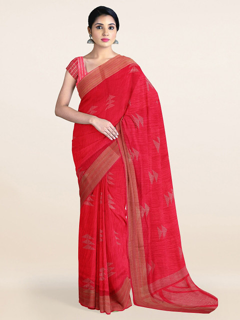 

Pothys Pink & Silver-Toned Woven Design Saree