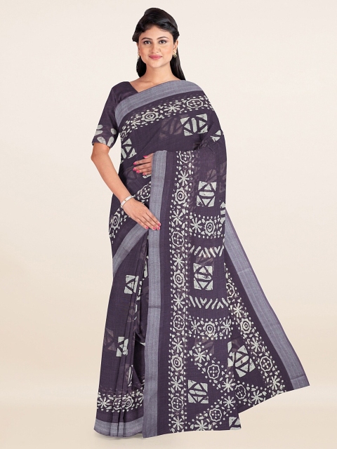 

Pothys Violet & White Zari Linen Blend Saree