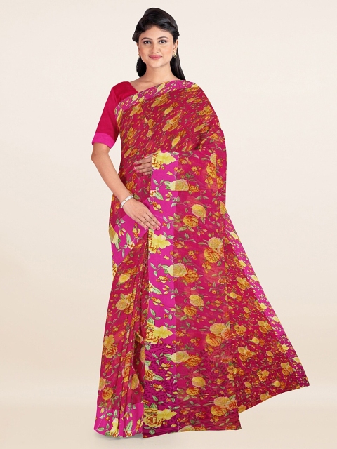 

Pothys Pink & Yellow Floral Printed Cotton Saree