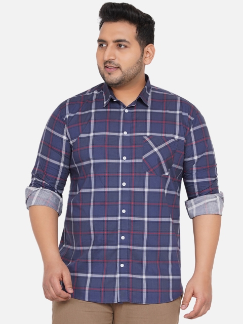 

John Pride Men Blue Tartan Checks Checked Plus Size Casual Shirt