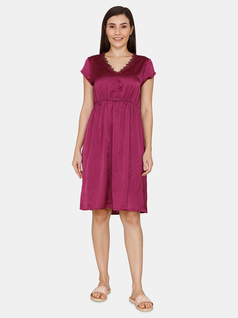 

Zivame Burgundy Lace Inserted Satin Nightdress