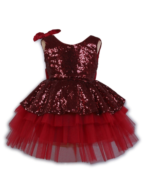 

Hopscotch Maroon Sequinned Embellished Layered Dress