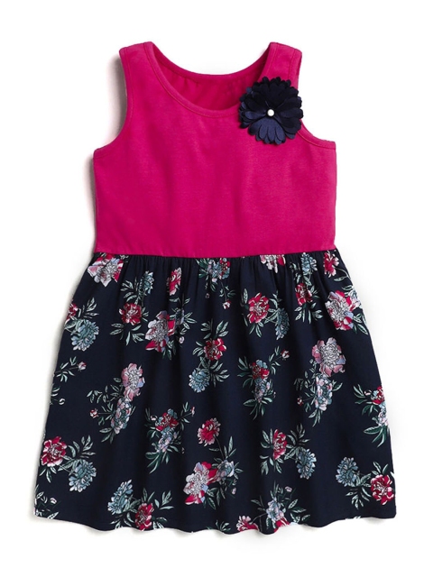 

Hopscotch Girls Fuchsia Pink & Navy Blue Floral Pure Cotton Dress