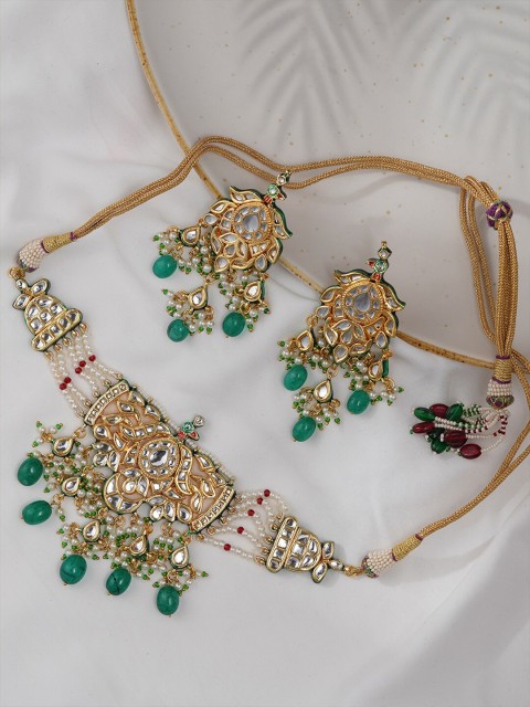 

Queen Be Gold-Plated Stone & Pearl Studded Choker Necklace With Earrings