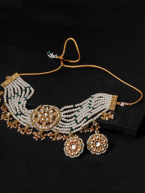 

Queen Be Gold-Plated Choker Kundan Studded Necklace with Earrings, White