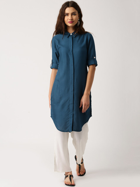 

IMARA Women Navy Blue Solid Kurta with Printed Back