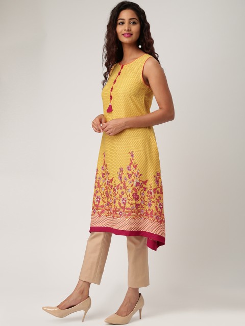 

IMARA Women Yellow Printed Asymmetric Hemline A-Line Kurta