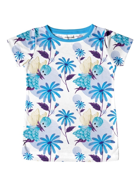 

mezmoda Girls White & Blue Floral Printed T-shirt