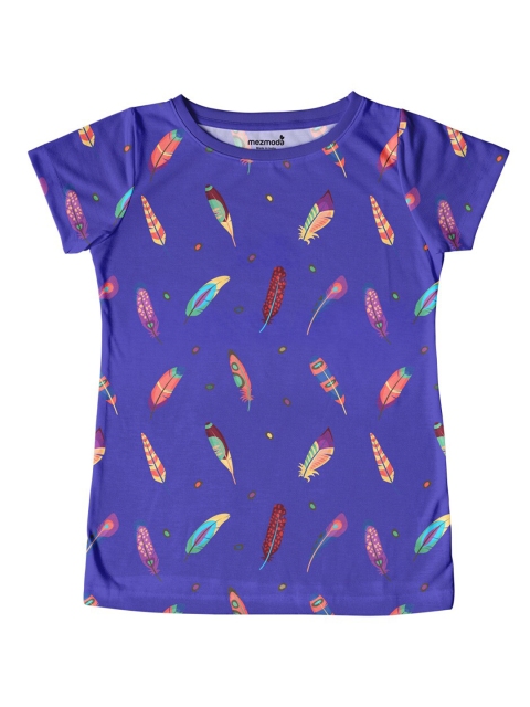 

mezmoda Girls Blue & Peach-Coloured Feather Printed T-shirt
