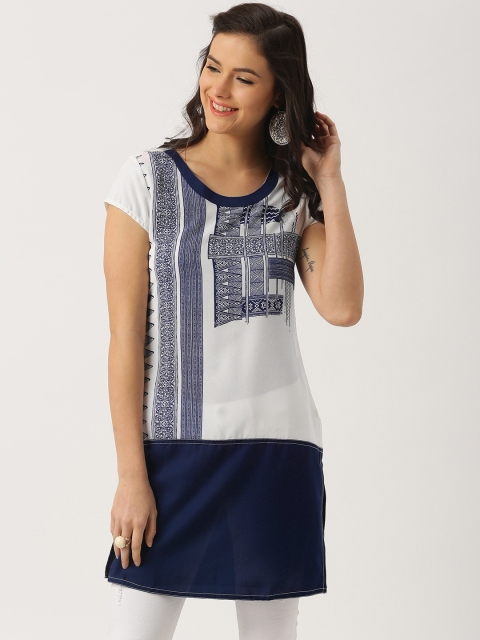 

IMARA Women White & Navy Printed Straight Kurta