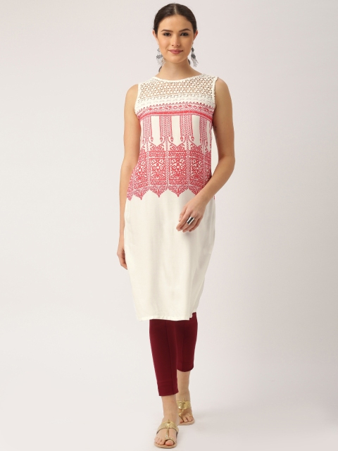 

IMARA White & Red A-Line Printed Kurta