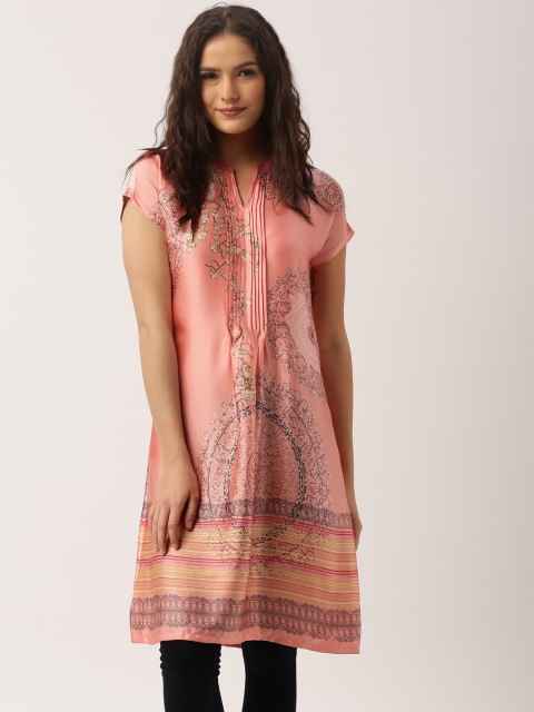

IMARA Peach-Coloured Printed A-Line Kurta