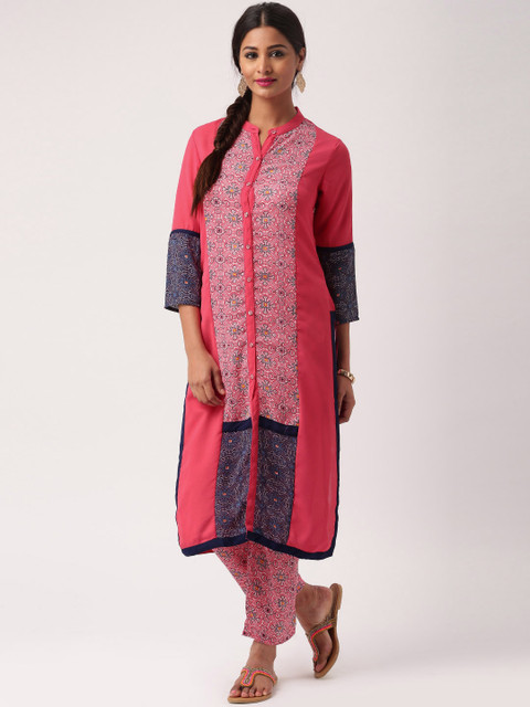 

IMARA Pink & Navy Batik Print Front-Open Kurta with Trousers