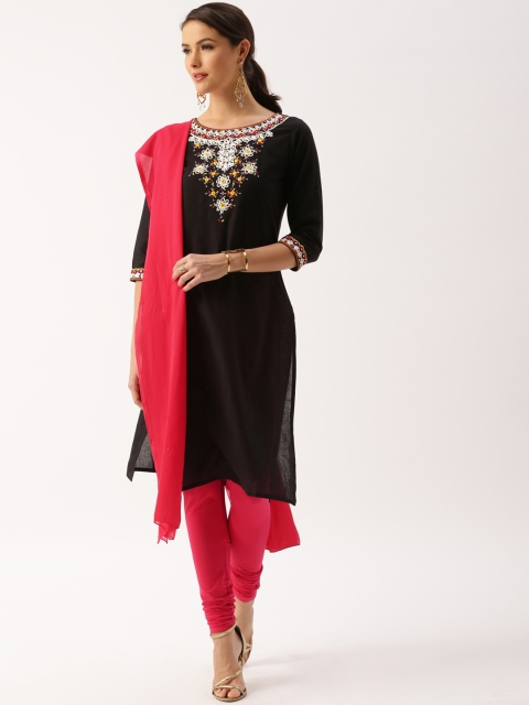 

IMARA Black & Pink Embroidered Churidar Kurta with Dupatta