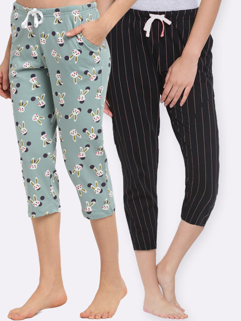 

Kanvin Women Pack Of 2 Pure Cotton Lounge Capris, Green