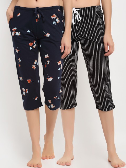 

Kanvin Women Pack Of 2 Navy Blue Printed Pure Cotton Lounge Pants