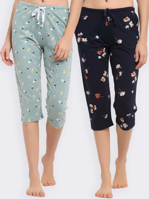 

Kanvin Women Navy Blue & Sea Green Pack Of 2 Printed Cotton Lounge Pants