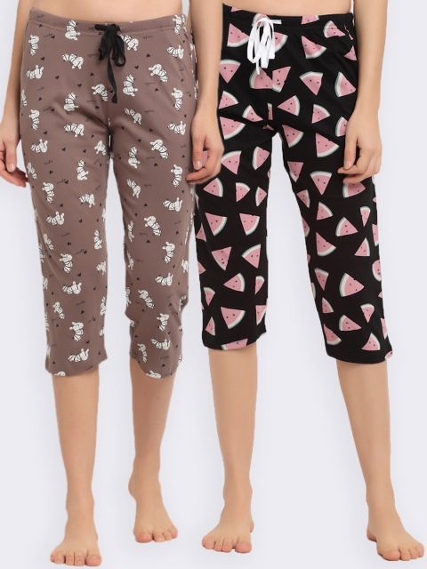 

Kanvin Women Pack Of 2 Printed Pure Cotton Lounge Capri, Black