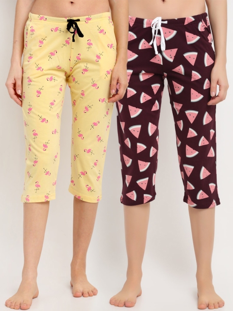 

Kanvin Women Pack Of 2 Printed Pure Cotton Three-Fourth Lounge Pants, Brown
