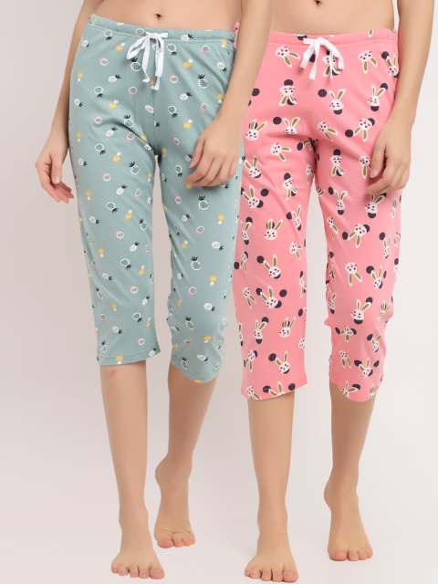 

Kanvin Women Pink & Sea Green Printed Set of 2 Printed Pure Cotton Lounge Capris