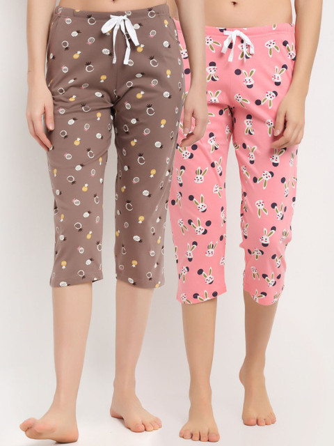 

Kanvin Women Pack Of 2 Pink & Brown Printed Pure Cotton Lounge Capri