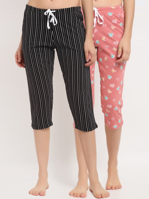 

Kanvin Women Pack Of 2 Black & Coral Printed Pure Cotton Three-Fourth Lounge Pants