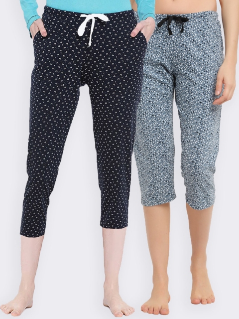 

Kanvin Women Pack Of 2 Printed Pure Cotton Three-Fourth Lounge Pants, Blue