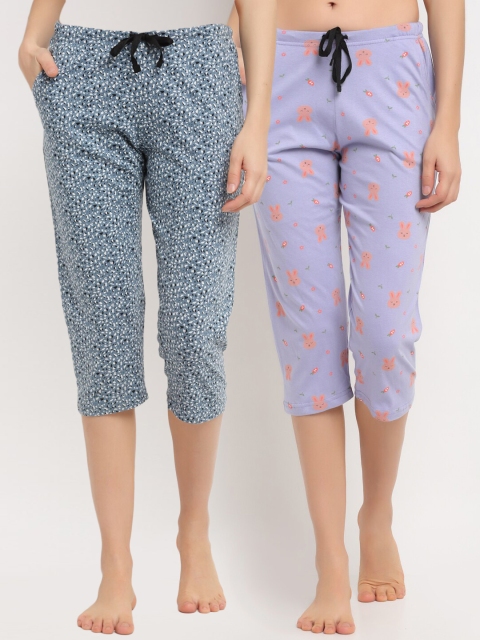 

Kanvin Women Pack Of 2 Violet & Blue Printed Cotton Three-Fourth Length Lounge Pants