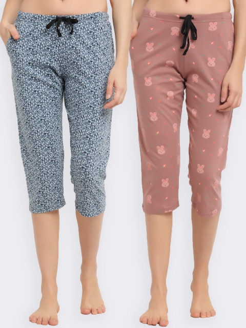 

Kanvin Women Pack Of 2 Mauve & Blue Printed Cotton Three-Fourth Lounge Pants