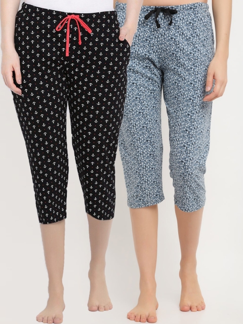 

Kanvin Women Pack Of 2 Printed Pure Cotton Lounge Pants, Blue