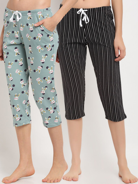 

Kanvin Women Pack of 2 Printed Pure Cotton Capris, Sea green