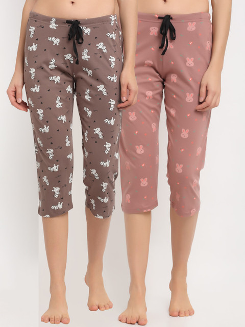 

Kanvin Women Mauve & Brown Pack Of 2 Printed Pure Cotton Lounge Capris