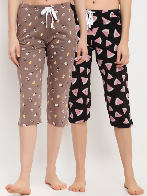 

Kanvin Women Black & Brown Pack Of 2 Printed Pure Cotton Lounge Capris