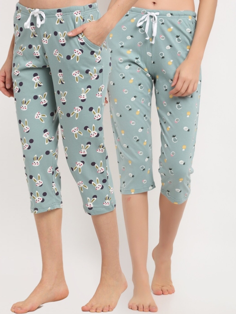 

Kanvin Women Pack Of 2 Sea Green Printed Pure Cotton Three-Fourth Lounge Pants