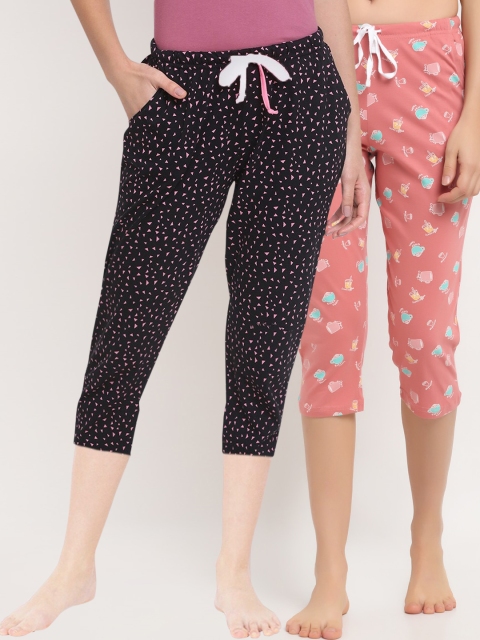 

Kanvin Women Pack Of 2 Printed Pure Cotton Lounge Pants, Coral