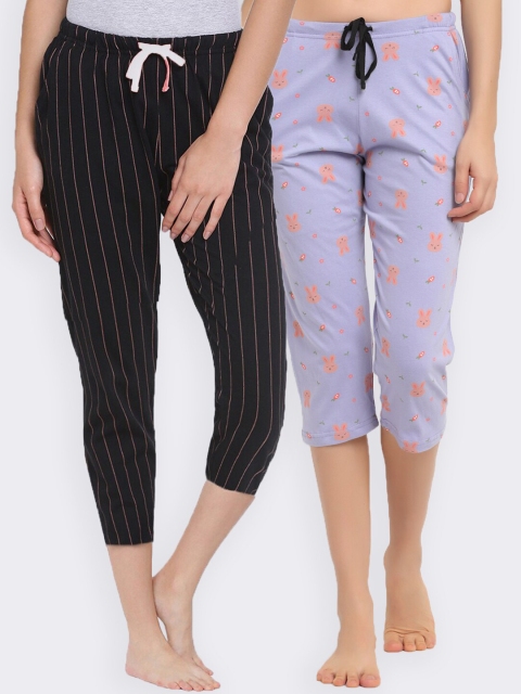 

Kanvin Women Black & Violet Pack Of 2 Printed Pure Cotton Lounge Capris