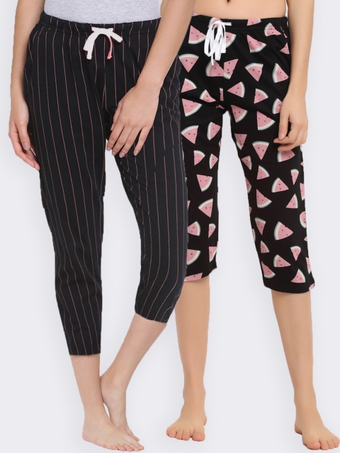 

Kanvin Women Pack Of 2 Printed Pure Cotton Three Fourth-Length Lounge Pants, Black