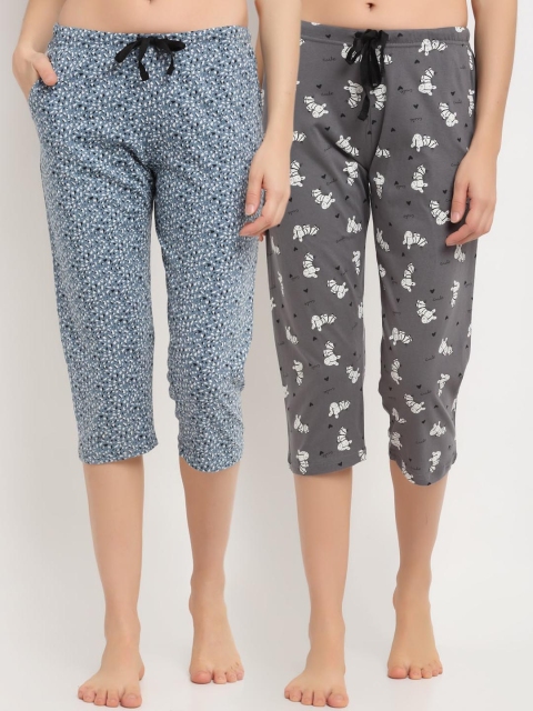 

Kanvin Women Pack Of 2 Printed Pure Cotton Lounge Capri, Blue