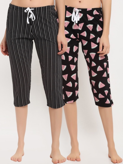 

Kanvin Women Pack Of 2 Black Printed Pure Cotton Lounge Capris