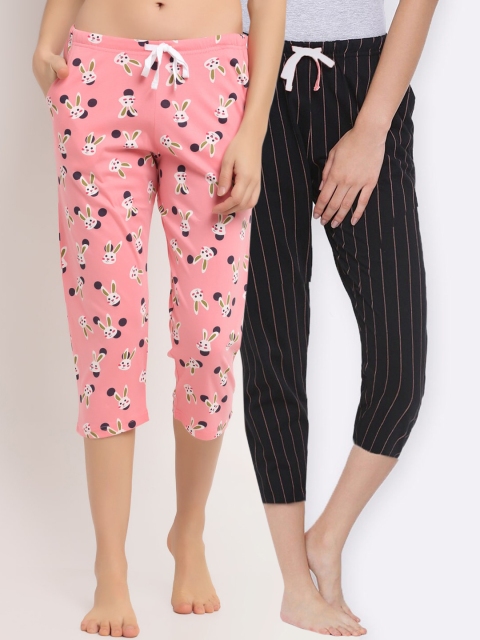 

Kanvin Women Pack Of 2 Pink & Black Printed Cotton Three-Fourth Lounge Pants