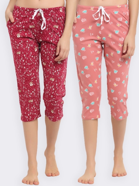 

Kanvin Women Pack of 2 Printed Pure Cotton Capri Lounge Pants, Coral