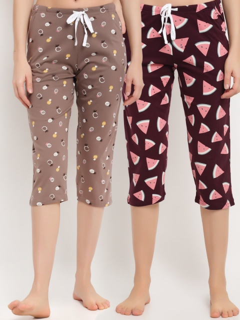 

Kanvin Women Pack Of 2 Pure Cotton Capri Lounge Pants, Brown