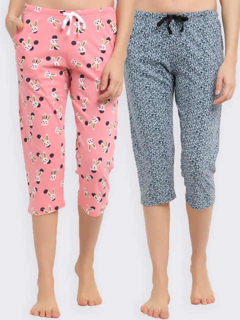 

Kanvin Women Pack of 2 Printed Pure Cotton Capris, Blue