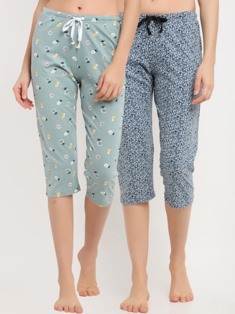 

Kanvin Women Blue & Sea Green Pack Of 2 Printed Pure Cotton Lounge Capri