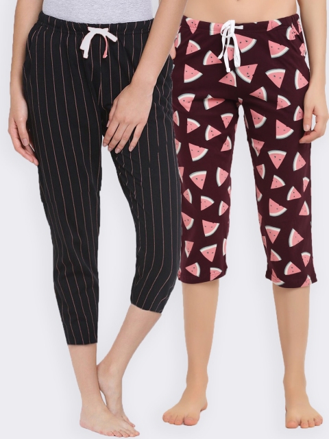 

Kanvin Women Pack Of 2 Black Printed Pure Cotton Lounge Pants