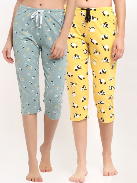 

Kanvin Women Yellow & Sea Green Pack Of 2 Printed Pure Cotton Capri Lounge Pants