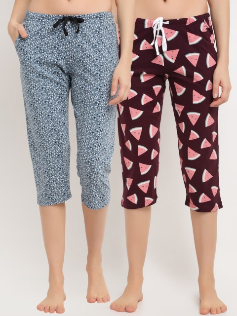 

Kanvin Women Burgundy & Blue Printed Set of 2 Printed Pure Cotton Lounge Capris