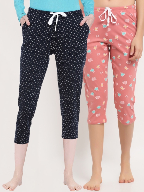 

Kanvin Women Pack Of 2 Coral Pink & Navy Blue Printed Pure Cotton Lounge Capri